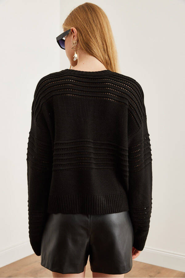 Women's Black Textured Stripe Detail Knit Sweater KZK-19000808 - 6