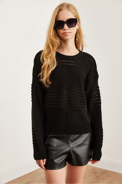 Women's Black Textured Stripe Detail Knit Sweater KZK-19000808 - OLALOOK (1)