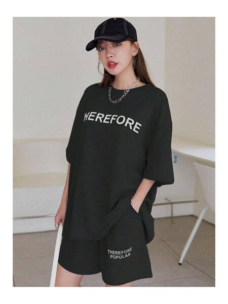 Women's Black Therefore Printed Oversized Shorts Suit - 1