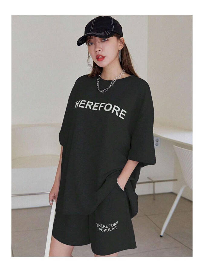 Women's Black Therefore Printed Oversized Shorts Suit - 1