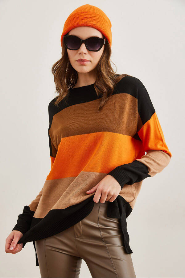 Women's Black Thick Color Block Knit Sweater KZK-19000824 - 3