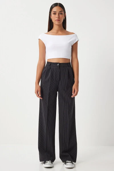 Women's Black Thin Striped Masculine Palazzo Pants DW00005 - HAPPINESS İSTANBUL