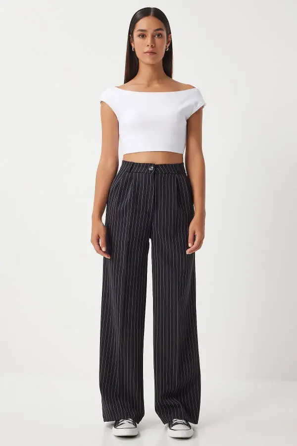 Women's Black Thin Striped Masculine Palazzo Pants DW00005 - 1