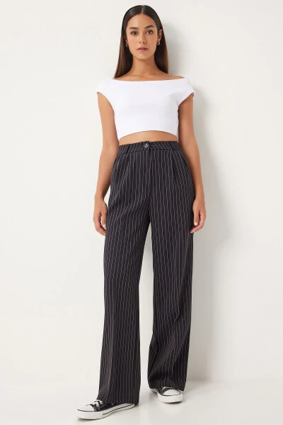 Women's Black Thin Striped Masculine Palazzo Pants DW00005 - HAPPINESS İSTANBUL (1)