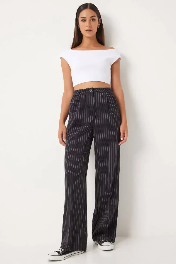 Women's Black Thin Striped Masculine Palazzo Pants DW00005 - 2