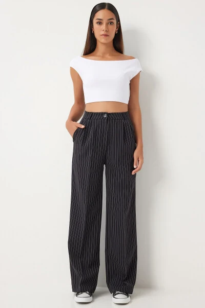 Women's Black Thin Striped Masculine Palazzo Pants DW00005 - 3