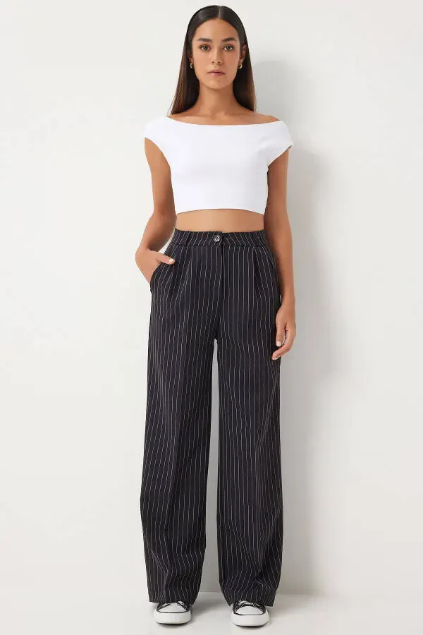 Women's Black Thin Striped Masculine Palazzo Pants DW00005 - 3