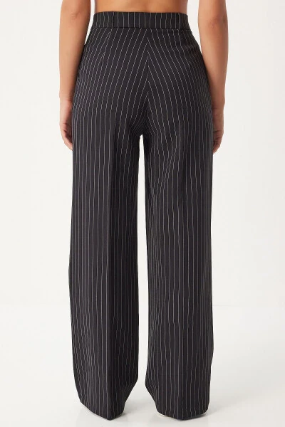 Women's Black Thin Striped Masculine Palazzo Pants DW00005 - 5