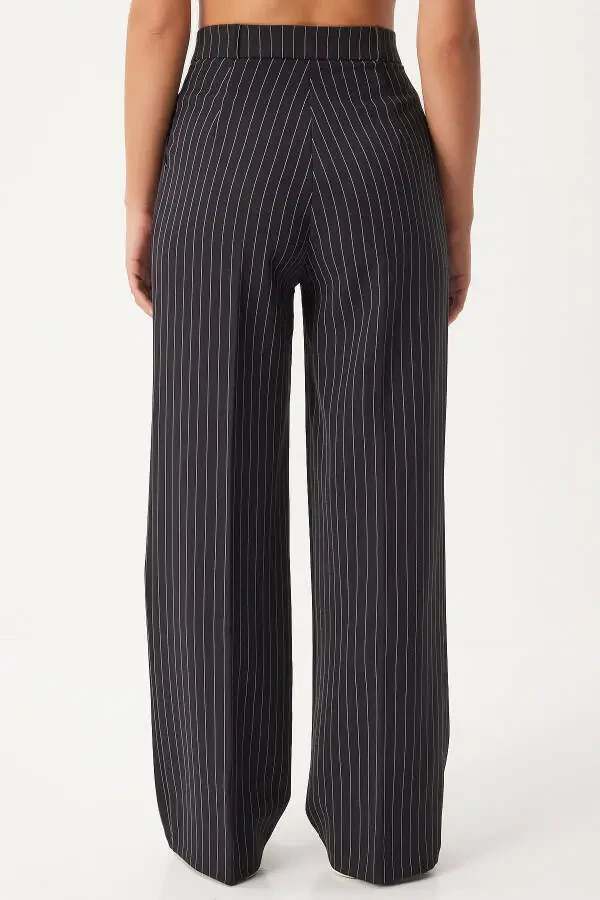 Women's Black Thin Striped Masculine Palazzo Pants DW00005 - 5