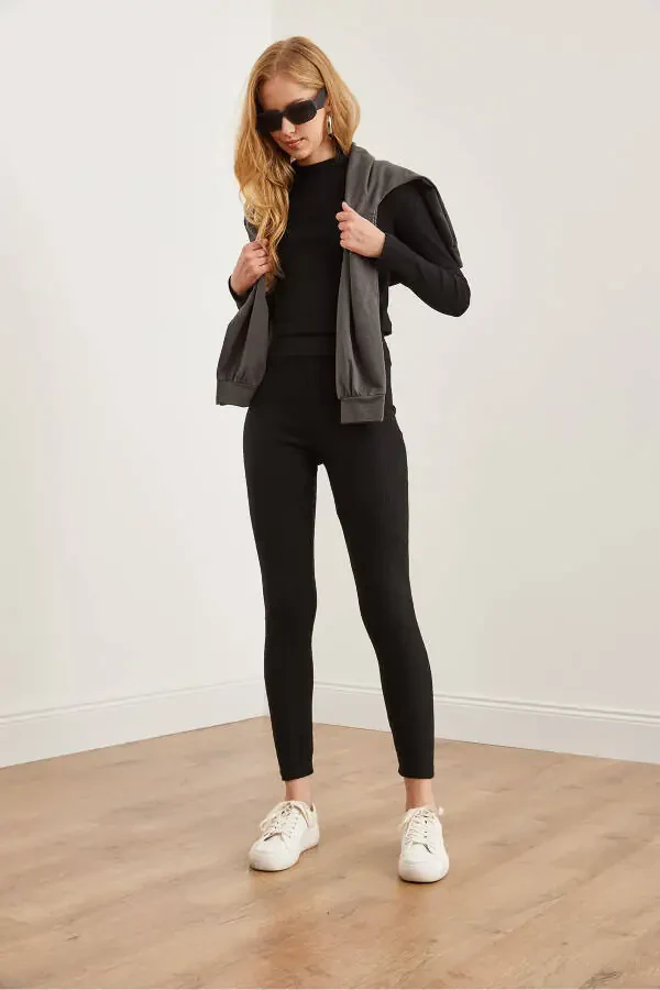 Women's Black Thistled Lace Up and Down Set TKM-19000304 - 2