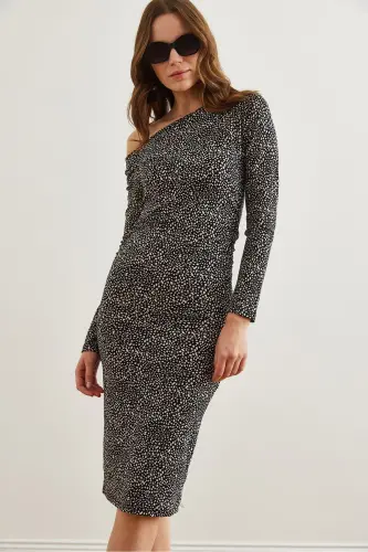 Women's Black Tiny Patterned Boat Neck Knitted Mini Dress - 3