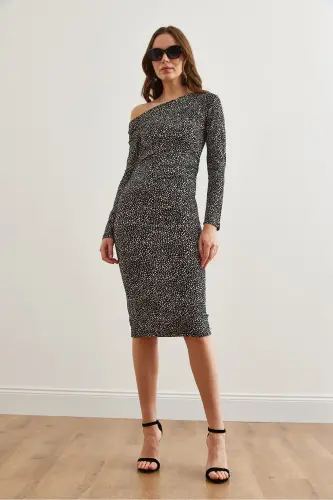 Women's Black Tiny Patterned Boat Neck Knitted Mini Dress - 7