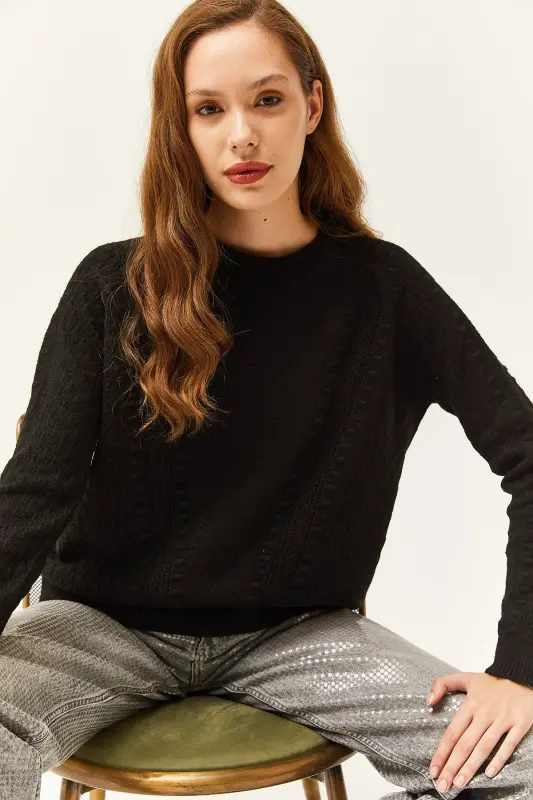 Women's Black Tiny Pom Pom Soft Textured Knitted Sweater KZK-19000689-Black - 3