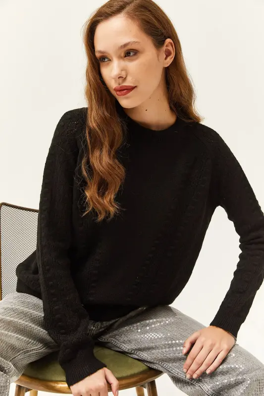 Women's Black Tiny Pom Pom Soft Textured Knitted Sweater KZK-19000689-Black - 4