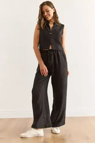 Women's Black Top and Bottom Linen Look Set TKM-1900 - 1