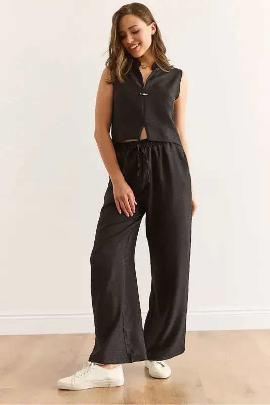 Women's Black Top and Bottom Linen Look Set TKM-1900 - 1