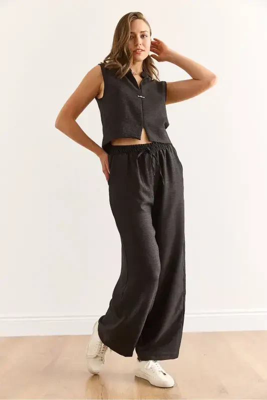 Women's Black Top and Bottom Linen Look Set TKM-1900 - 2