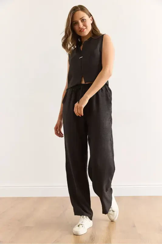 Women's Black Top and Bottom Linen Look Set TKM-1900 - 3