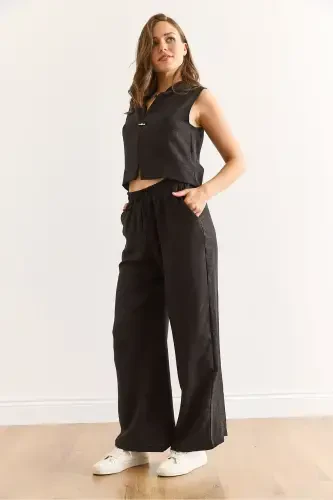 Women's Black Top and Bottom Linen Look Set TKM-1900 - 4