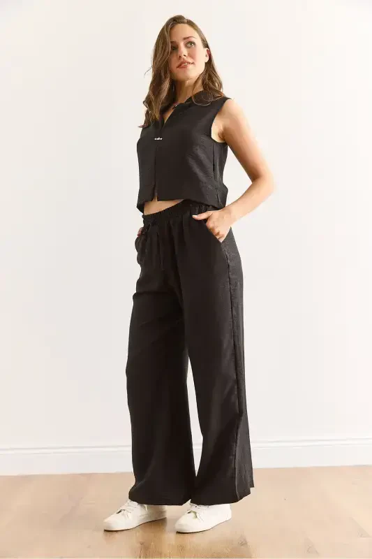 Women's Black Top and Bottom Linen Look Set TKM-1900 - 4