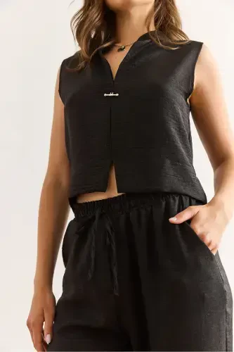 Women's Black Top and Bottom Linen Look Set TKM-1900 - 5