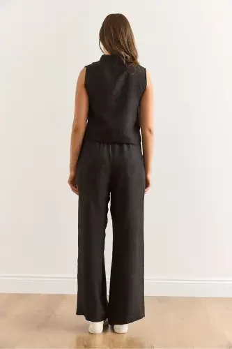 Women's Black Top and Bottom Linen Look Set TKM-1900 - 6