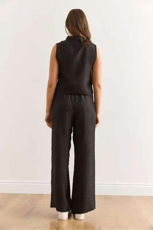 Women's Black Top and Bottom Linen Look Set TKM-1900 - 6