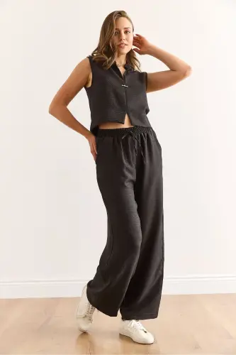Women's Black Top and Bottom Linen Look Set TKM-1900 - 2