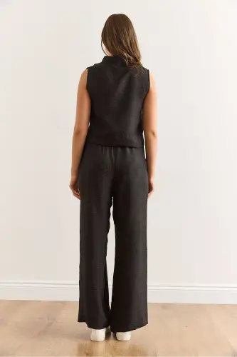 Women's Black Top and Bottom Linen Look Set TKM-1900 - 6
