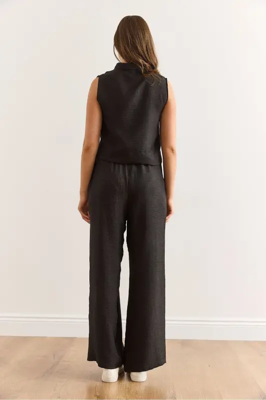Women's Black Top and Bottom Linen Look Set TKM-1900 - 6