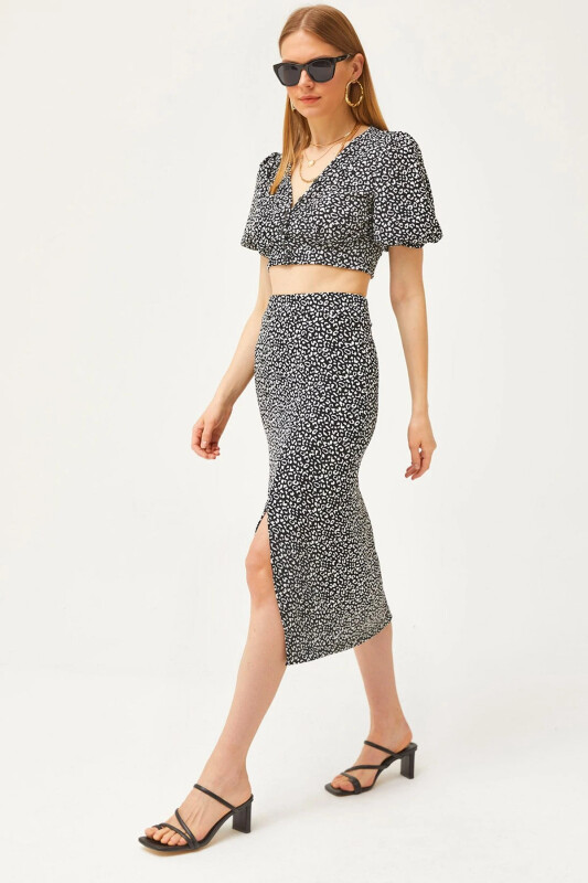 Women's Black Top Buttoned Blouse Slit Hem Skirt Ta - 1