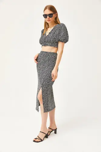 Women's Black Top Buttoned Blouse Slit Hem Skirt Ta - 3