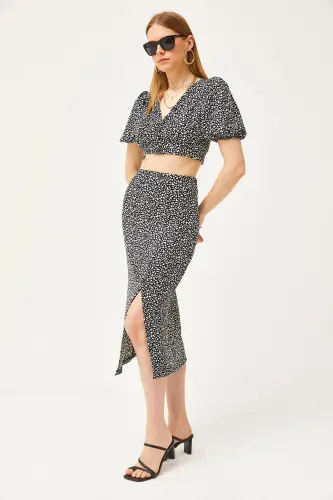 Women's Black Top Buttoned Blouse Slit Hem Skirt Ta - 4