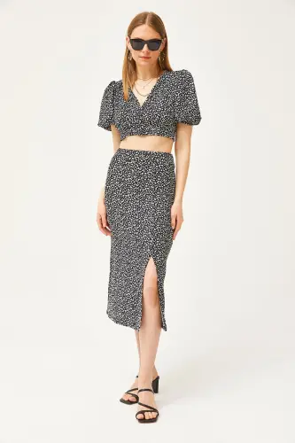 Women's Black Top Buttoned Blouse Slit Hem Skirt Ta - 5