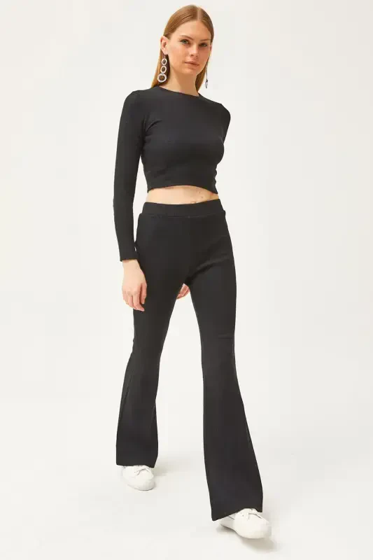 Women's Black Top Crop Blouse Bottom Spanish Tights Brushed - OLALOOK