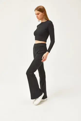 Women's Black Top Crop Blouse Bottom Spanish Tights Brushed - 2