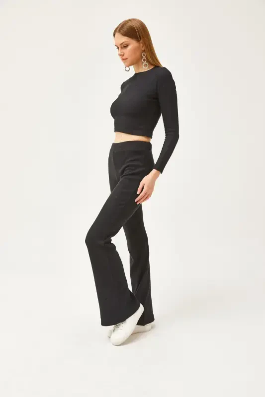 Women's Black Top Crop Blouse Bottom Spanish Tights Brushed - 2