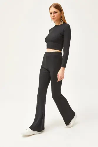 Women's Black Top Crop Blouse Bottom Spanish Tights Brushed - 3