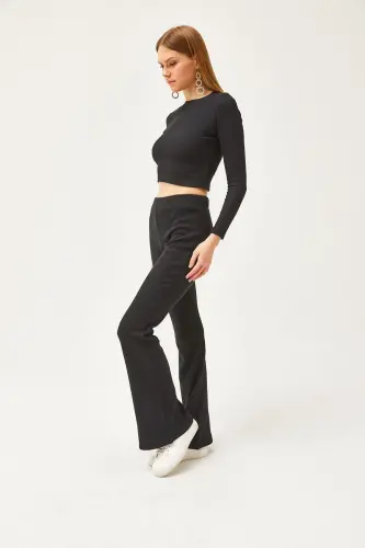 Women's Black Top Crop Blouse Bottom Spanish Tights Brushed - 2