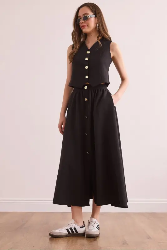 Women's Black Top Lined Vest Bottom Buttoned Flared Skirt - 1