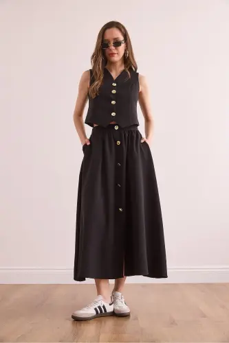 Women's Black Top Lined Vest Bottom Buttoned Flared Skirt - OLALOOK (1)