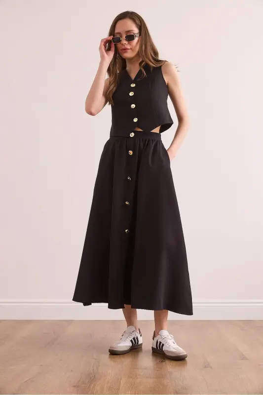 Women's Black Top Lined Vest Bottom Buttoned Flared Skirt - 3