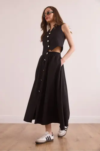 Women's Black Top Lined Vest Bottom Buttoned Flared Skirt - 4