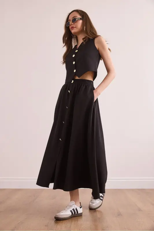 Women's Black Top Lined Vest Bottom Buttoned Flared Skirt - 4