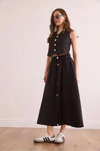 Women's Black Top Lined Vest Bottom Buttoned Flared Skirt - 5