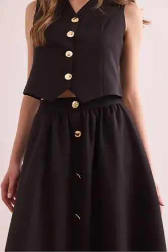 Women's Black Top Lined Vest Bottom Buttoned Flared Skirt - 6