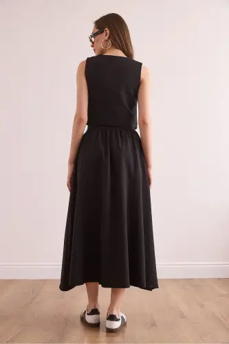 Women's Black Top Lined Vest Bottom Buttoned Flared Skirt - 7
