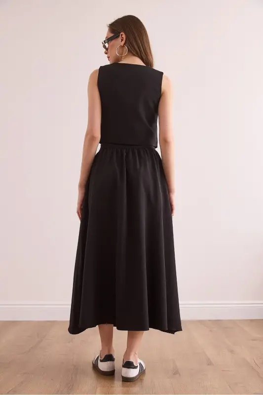 Women's Black Top Lined Vest Bottom Buttoned Flared Skirt - 7
