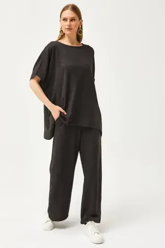 Women's Black Top Loose Blouse Bottom Pocketed Palazzo Linen - OLALOOK (1)