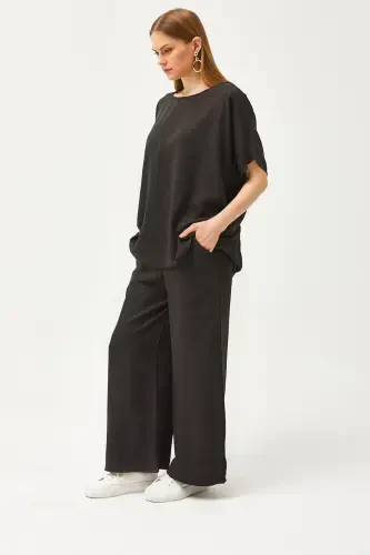 Women's Black Top Loose Blouse Bottom Pocketed Palazzo Linen - 3